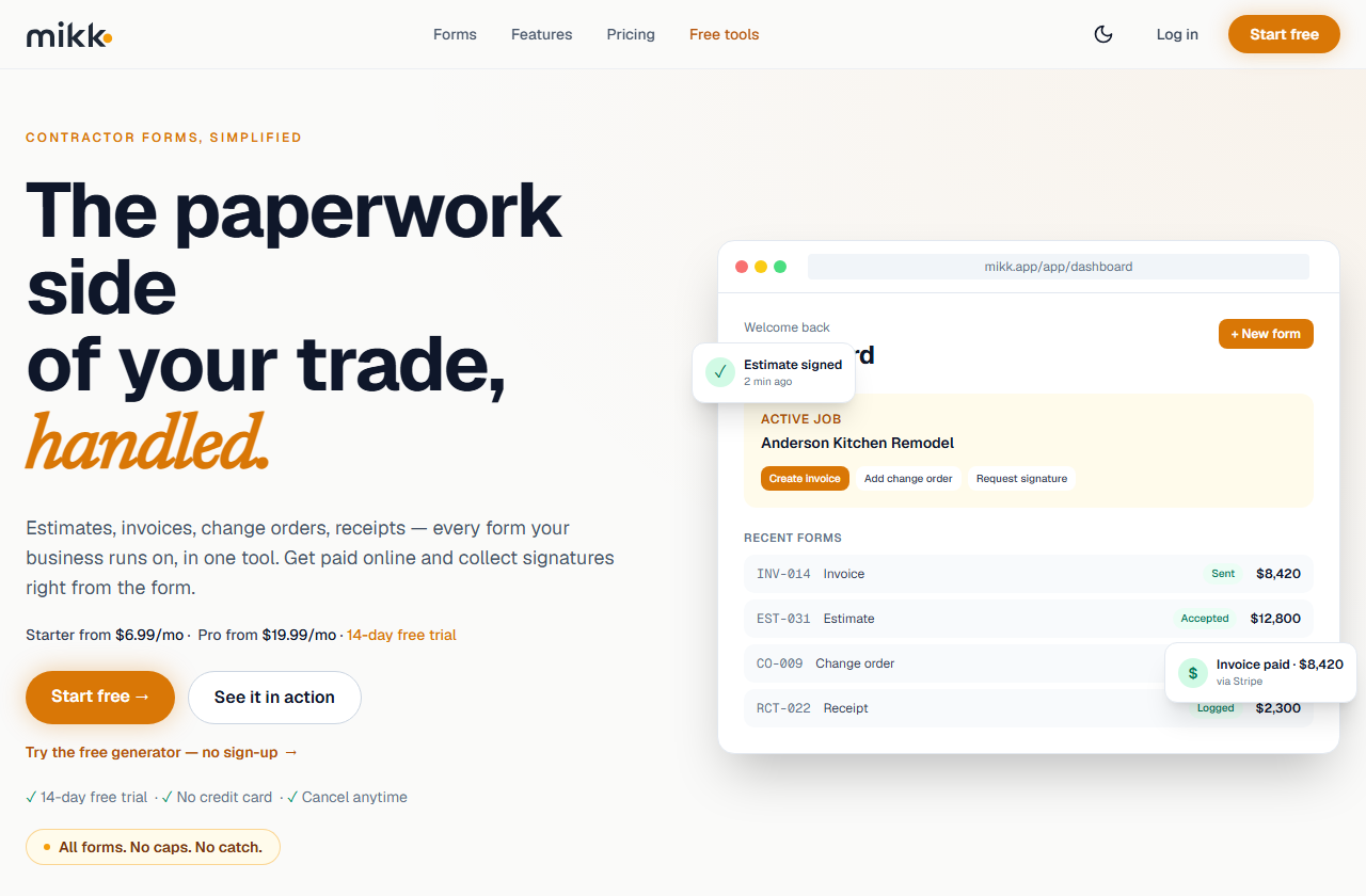 The Mikk homepage: the paperwork side of your trade, handled, with a preview of the contractor dashboard